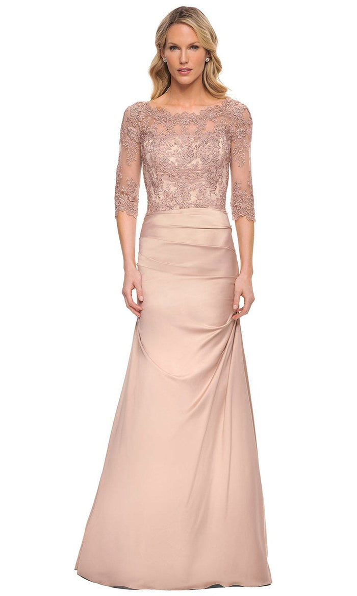 La Femme 30162 - Lace And Satin Sheer Gown Special Occasion Dress 4 / Champagne