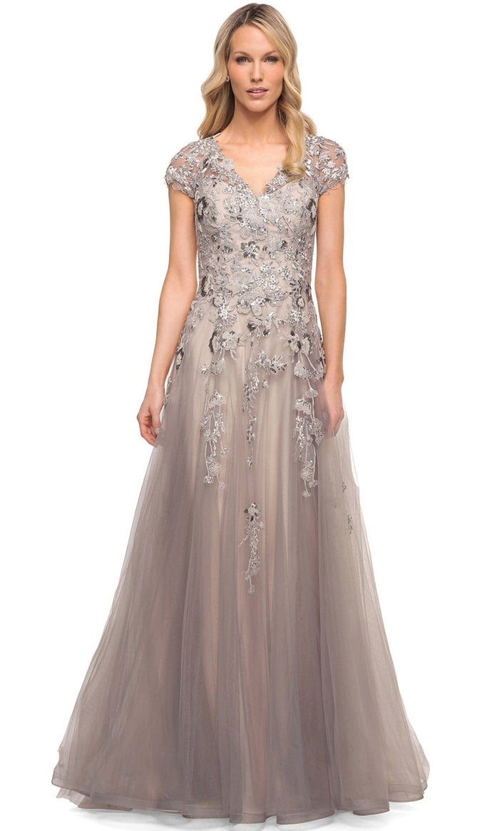 La Femme 30239 - Embroidered V-Neckline Dress Mother of the Bride Dresses 4 / Silver/Pink