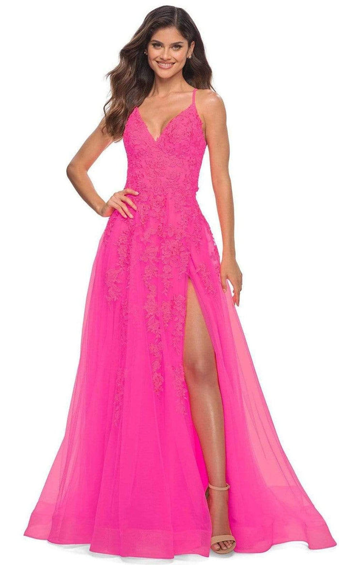 La Femme - 30303 Floral Brocade A-line Dress Prom Dresses 00 / Neon Pink
