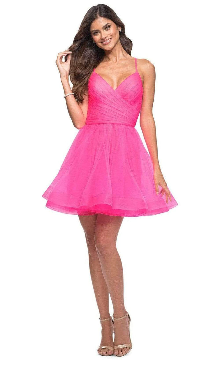 La Femme - 30345 V-Neck A-Line Cocktail Dress Special Occasion Dress 00 / Neon Pink