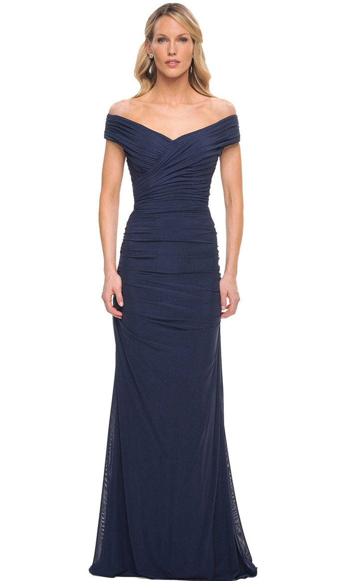 La Femme 30363 - Long Ruched Jersey Dress Special Occasion Dress 4 / Navy