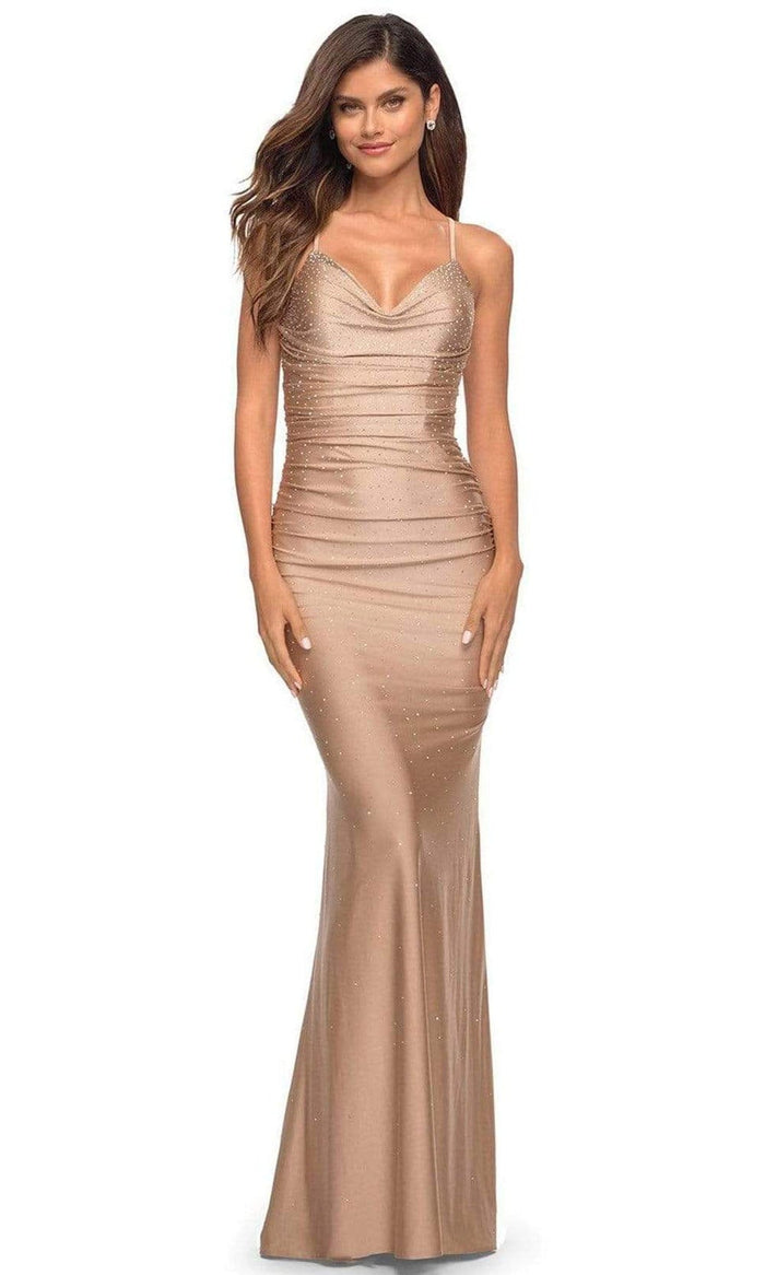 La Femme - 30413 Strappy Beaded Jersey Gown Prom Dresses 00 / Nude