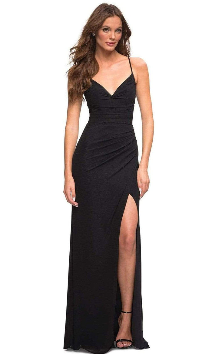 La Femme - 30418 Spaghetti Strap Ruched Gown Prom Dresses 00 / Black