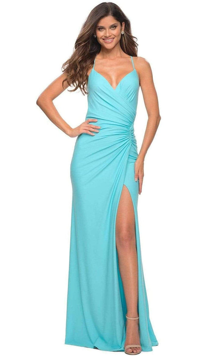 La Femme - 30462 Long Ruched Jersey Gown Prom Dresses 00 / Aqua