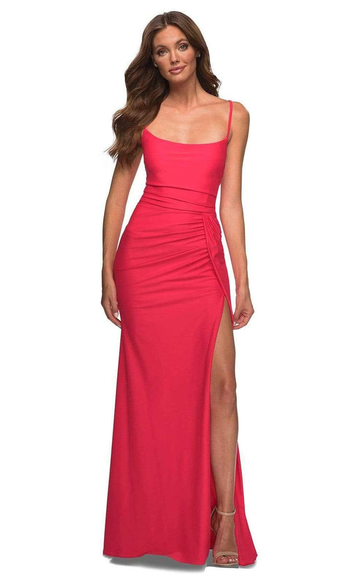 La Femme - 30470 Scoop Neck High Slit Gown Special Occasion Dress 00 / Neon Coral
