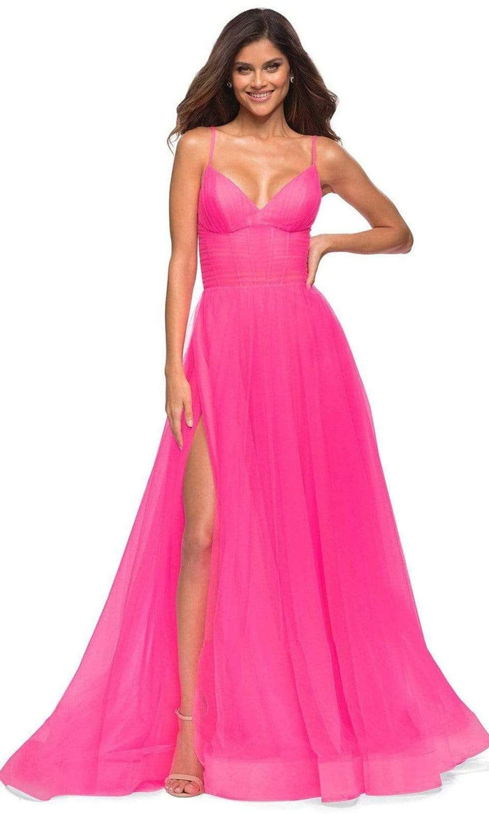 La Femme - 30472 High Waisted A-line Tulle Gown Prom Dresses 00 / Neon Pink