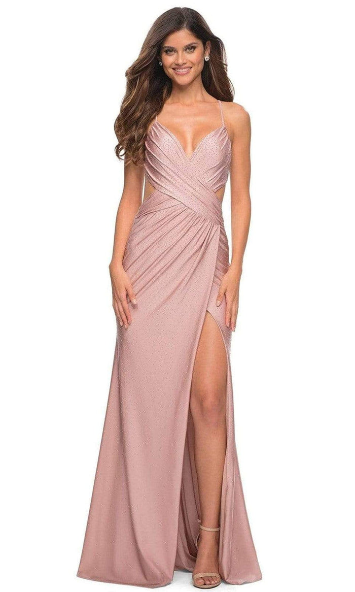 La Femme - 30504 Beaded Crisscross Bod Slit Dress Prom Dresses 00 / Mauve