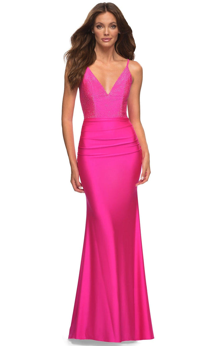 La Femme 30601 - V-Neck Trumpet Evening Dress Special Occasion Dress 00 / Neon Pink