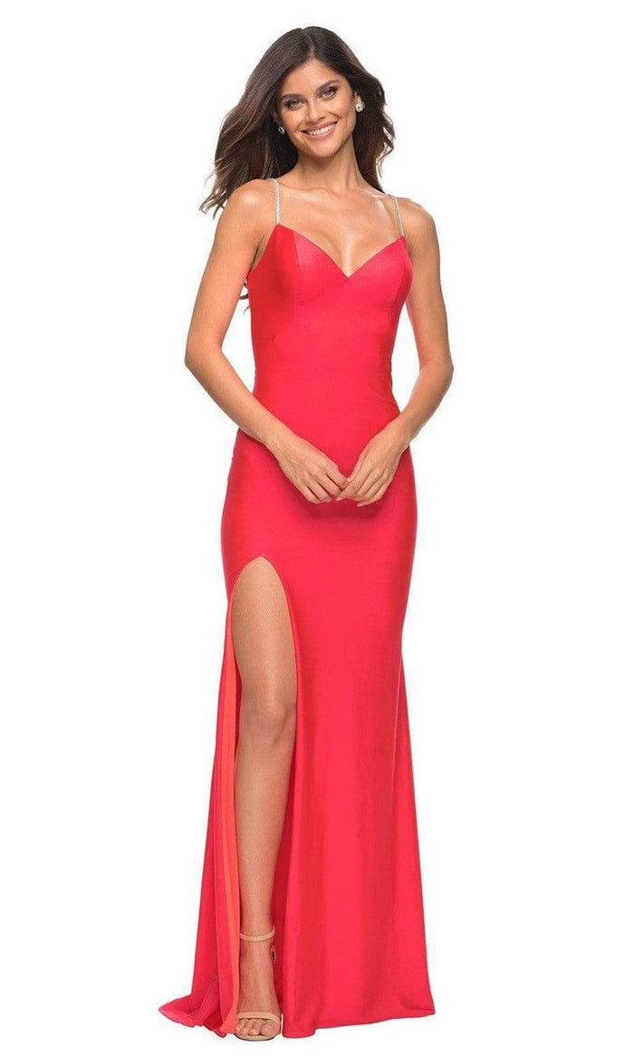 La Femme - 30602 V Neck Fitted High Slit Gown Prom Dresses 00 / Hot Coral