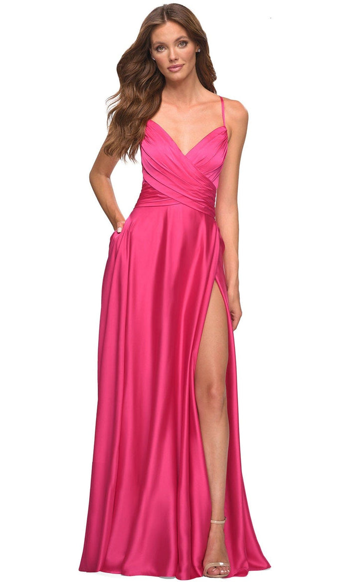 La Femme 30616 - Ruched V-Neck Evening Dress Special Occasion Dress 00 / Hot Pink