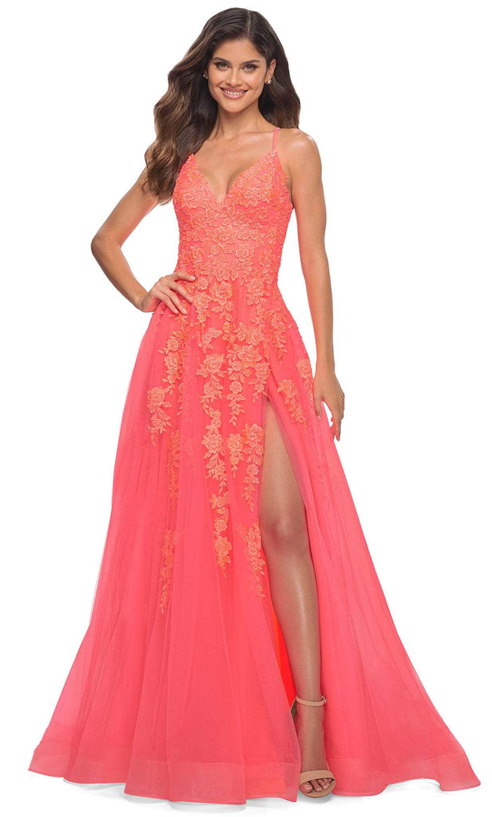 La Femme 30637 - Embroidered Tulle A-line Gown Special Occasion Dress 00 / Hot Coral