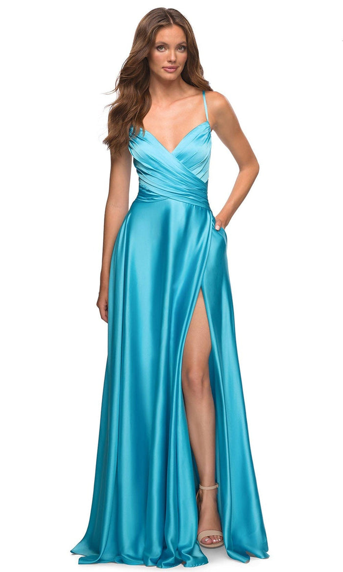 La Femme 30662 - Cross Bodice Satin Gown Special Occasion Dress 00 / Cloud Blue