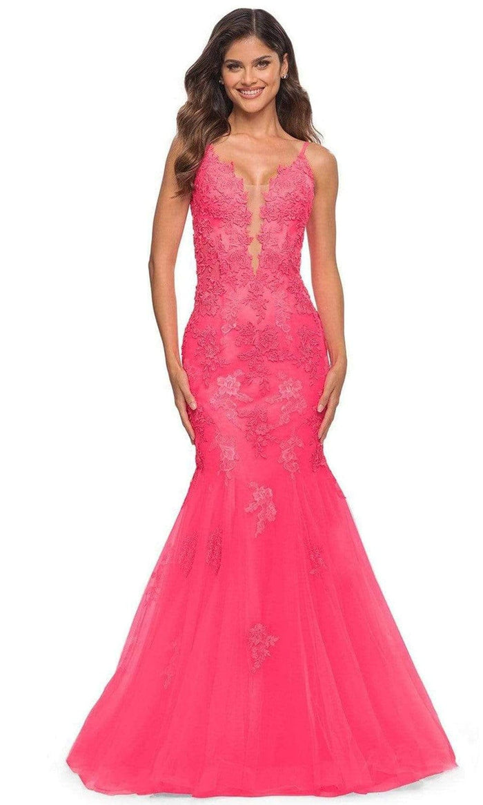 La Femme - 30674 Brocade Floral Trumpet Dress Prom Dresses 00 / Neon Pink