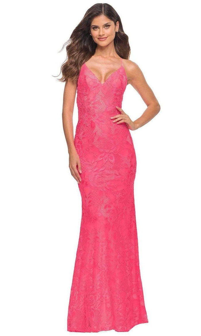 La Femme - 30684 V Neck Floral Lace Long Gown Prom Dresses 00 / Neon Pink