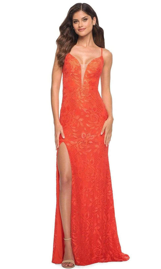 La Femme 30687 V Plunging Floral Lace Slit Gown