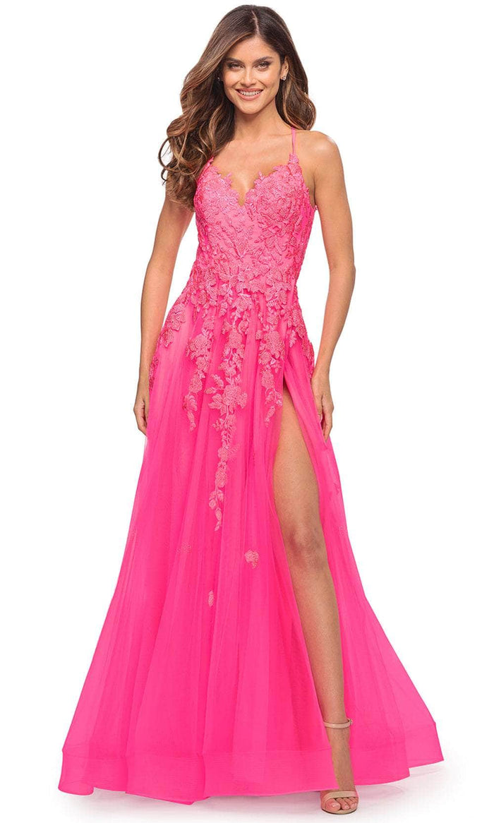 La Femme 30693 - Sleeveless Lace Appliqué Long Dress Special Occasion Dress 00 / Neon Pink