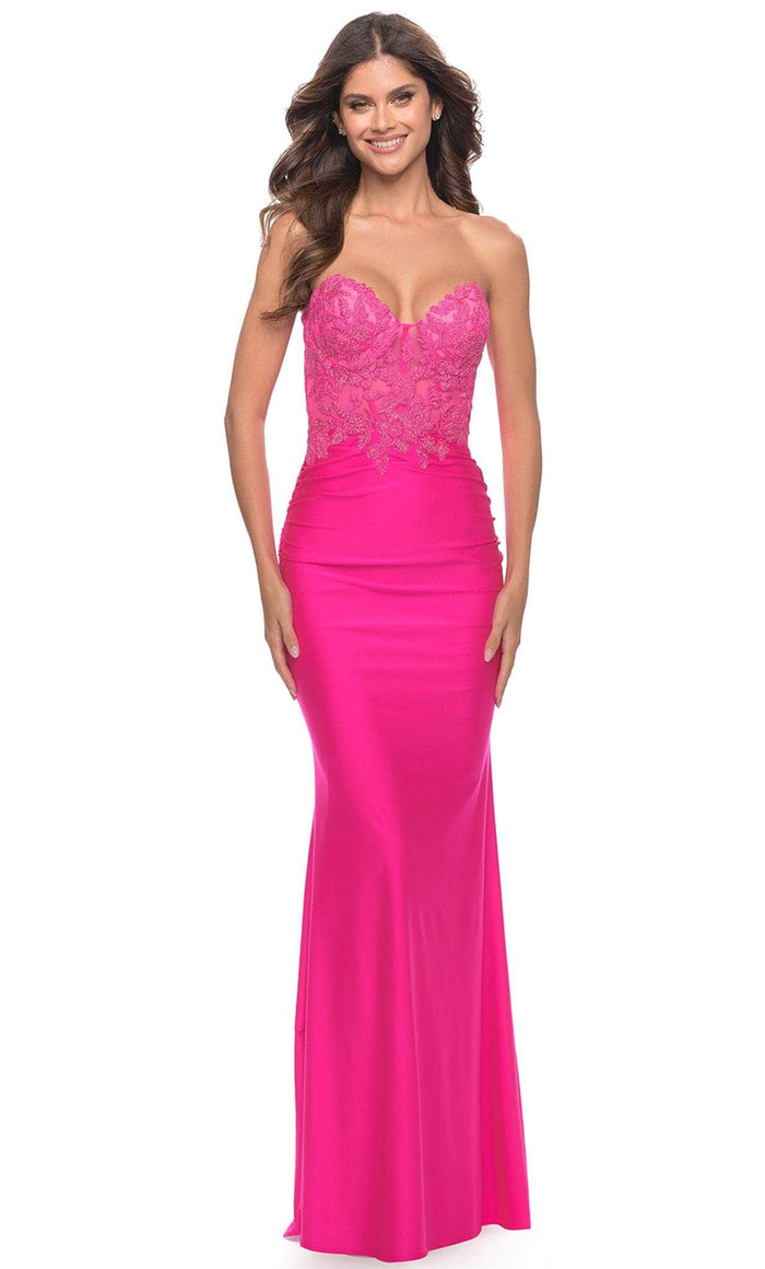 La Femme 30696 - Embroidered Lace Strapless Gown Special Occasion Dress 00 / Neon Pink
