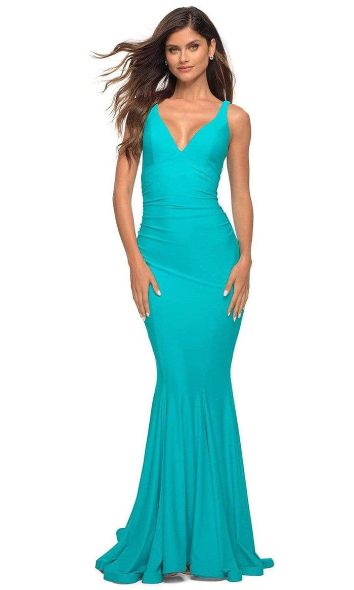 La Femme - 30746 Ruche-Ornate Mermaid Gown Prom Dresses 00 / Aqua