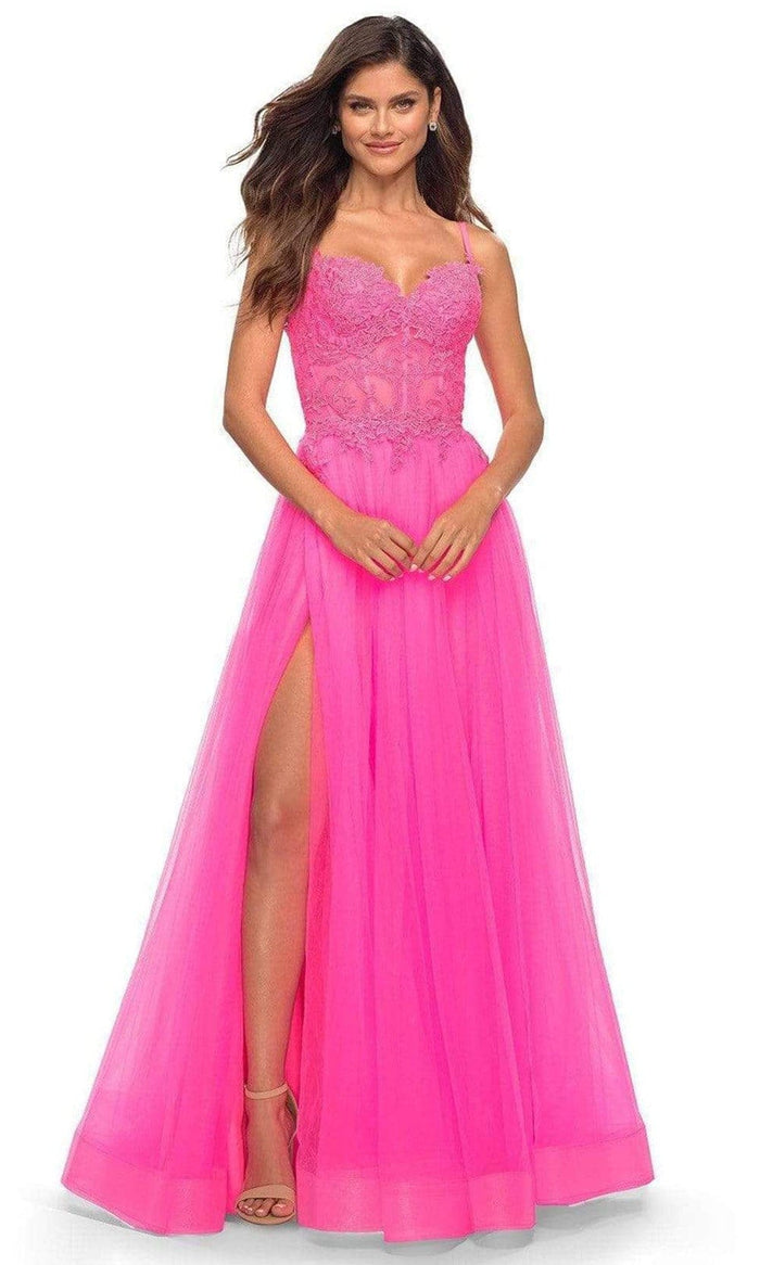 La Femme - 30755 Sweetheart Embroidered A-line Gown Prom Dresses 00 / Neon Pink