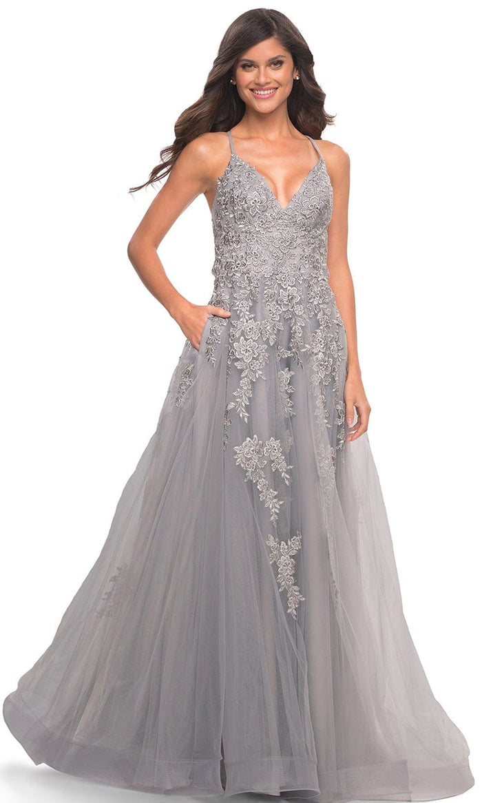 La Femme 30810 - Lace Applique A-Line Gown Special Occasion Dress 00 / Silver