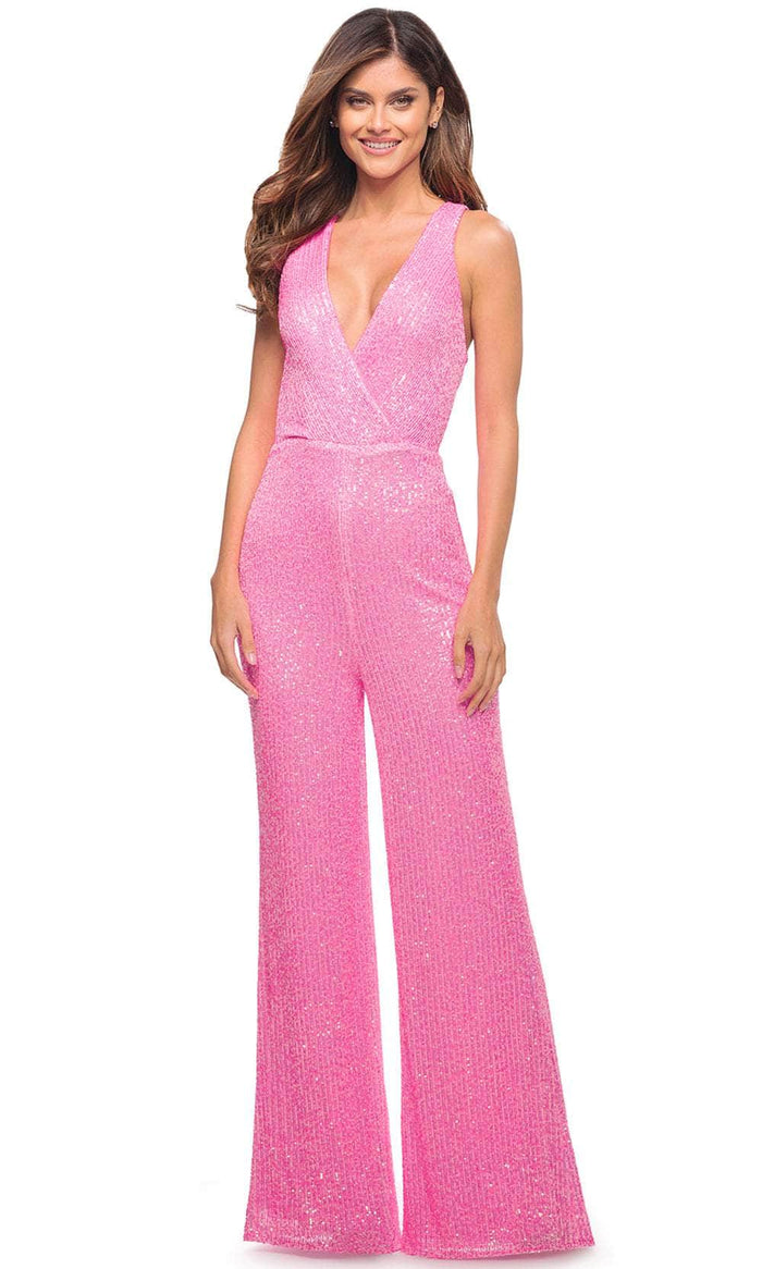 La Femme 30811 - Sleeveless V- Neck Jumpsuit Special Occasion Dress 00 / Neon Pink