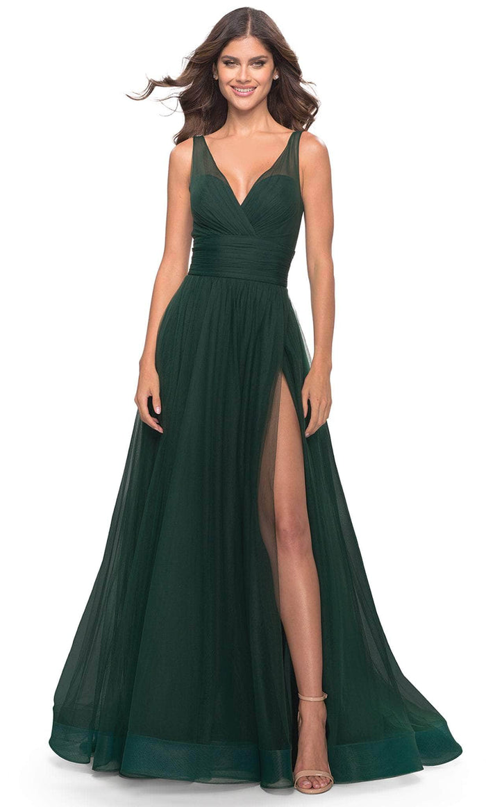 La Femme 31149 - Ruched A-line Tulle Long Dress Special Occasion Dress 00 / Emerald