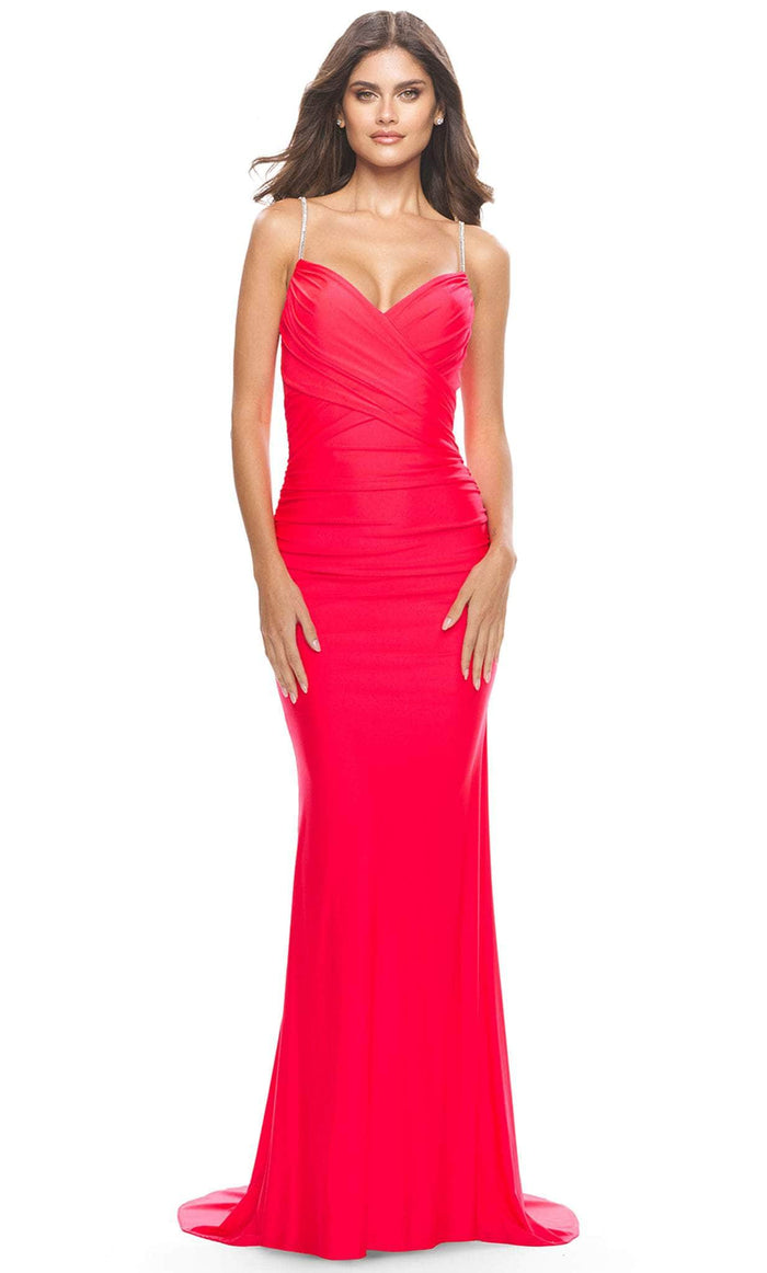La Femme 31222 - Jeweled Criss Cross Ruched Jersey Dress Special Occasion Dress 00 / Hot Coral