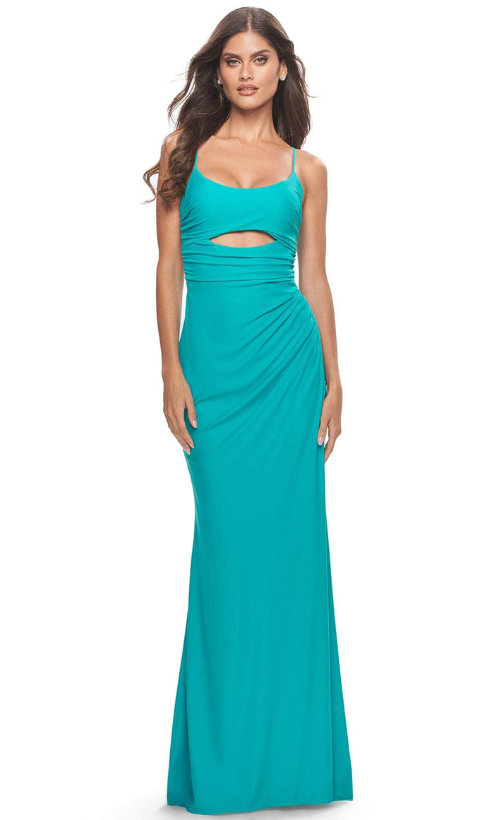 La Femme 31264 - Open Lace Jersey Long Dress Special Occasion Dress 00 / Aqua