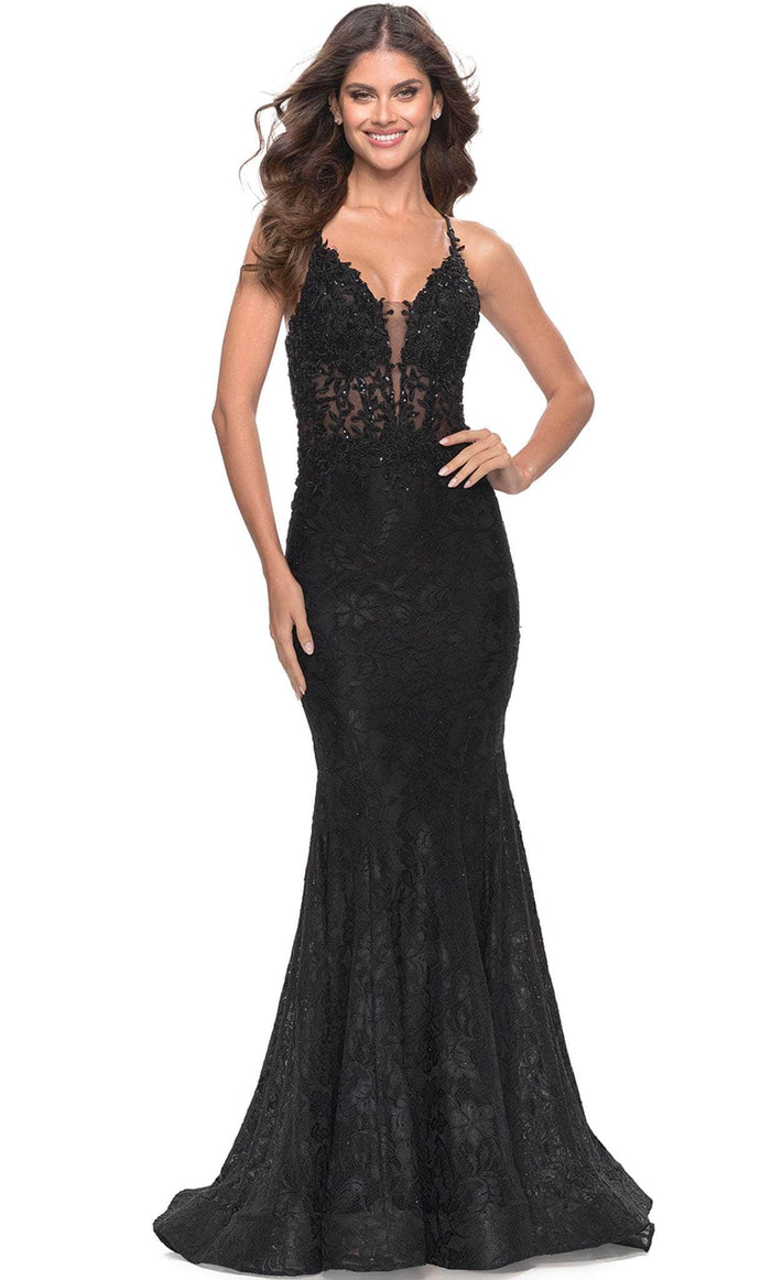 La Femme 31265 - Lace Applique Trumpet Long Dress Special Occasion Dress 00 / Black