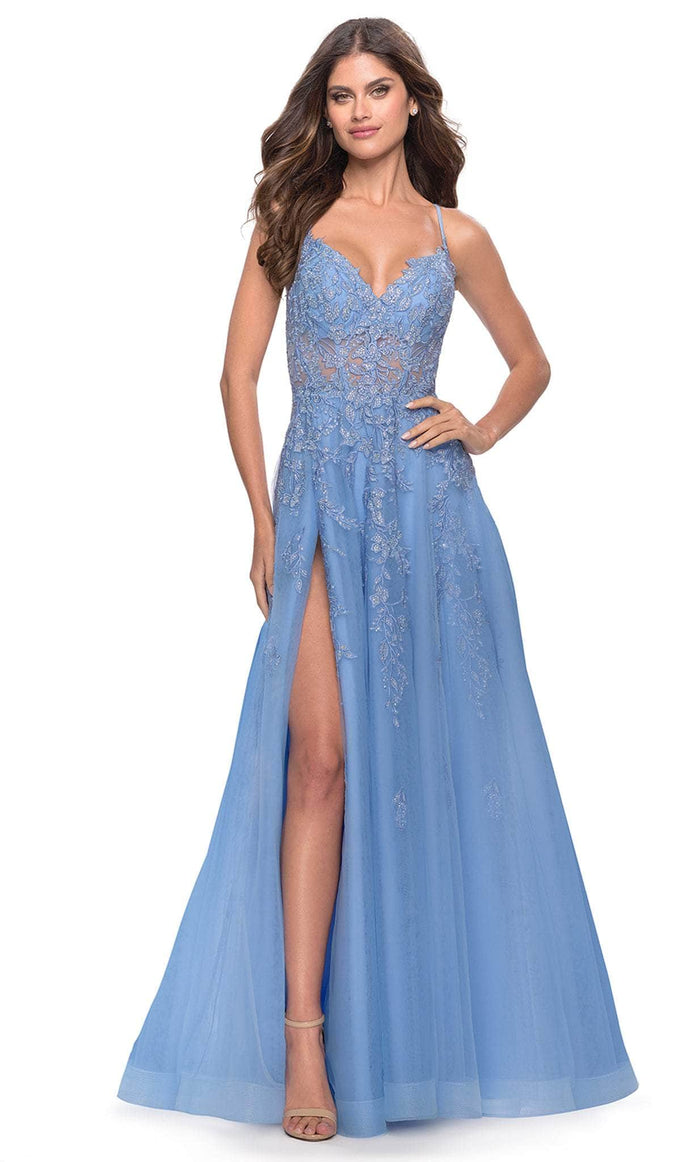 La Femme 31284 - Embroidered V-neck Prom Dress Special Occasion Dress 00 / Cloud Blue