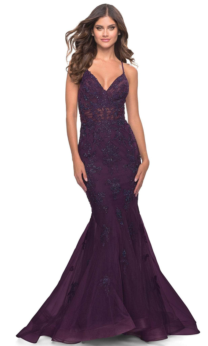 La Femme 31316 - Embroidered Trumpet Sleeveless Gown Special Occasion Dress 00 / Dark Berry