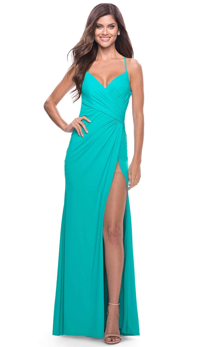 La Femme 31331 - V Neck Pleated Prom Dress Special Occasion Dress 00 / Aqua