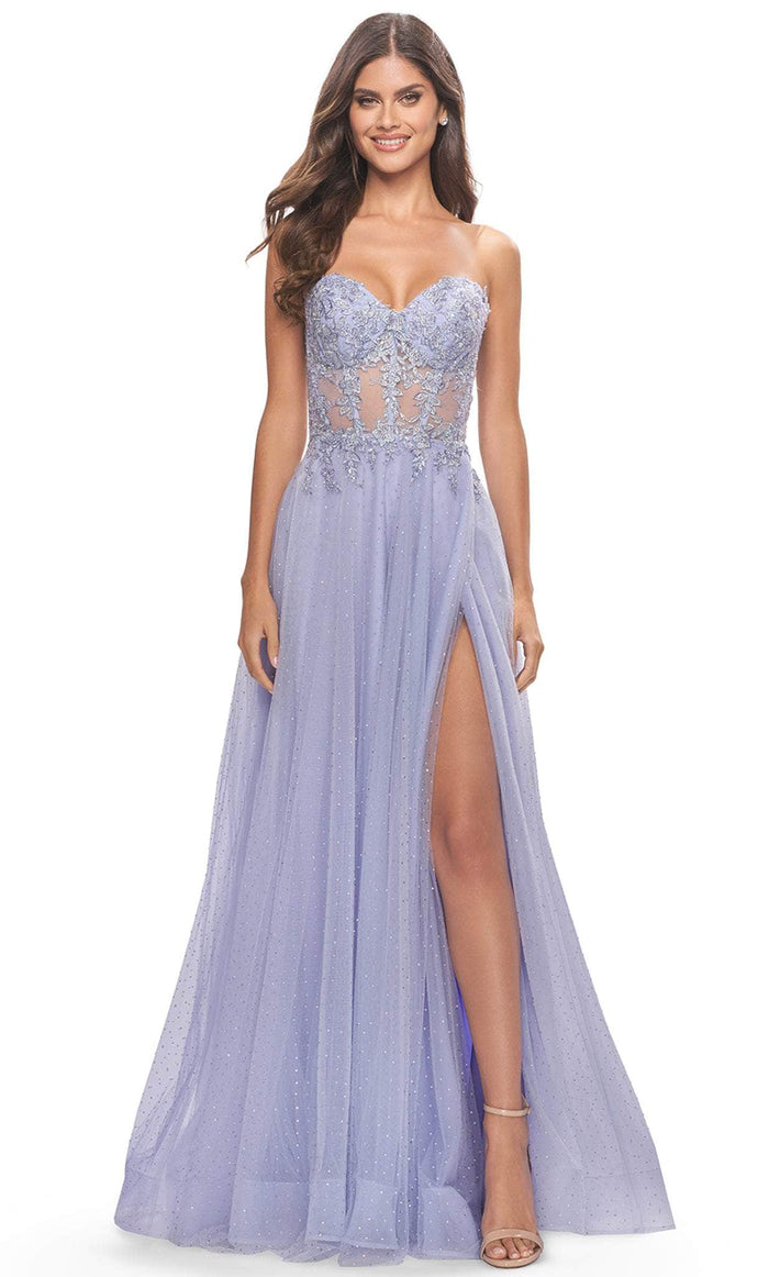 La Femme 31367 - Laced Sweetheart Tulle Long Dress Special Occasion Dress 00 / Light Periwinkle