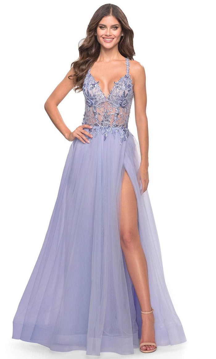 La Femme 31369 - Sleeveless Sheer Bodice Prom Dress Special Occasion Dress 00 / Light Periwinkle