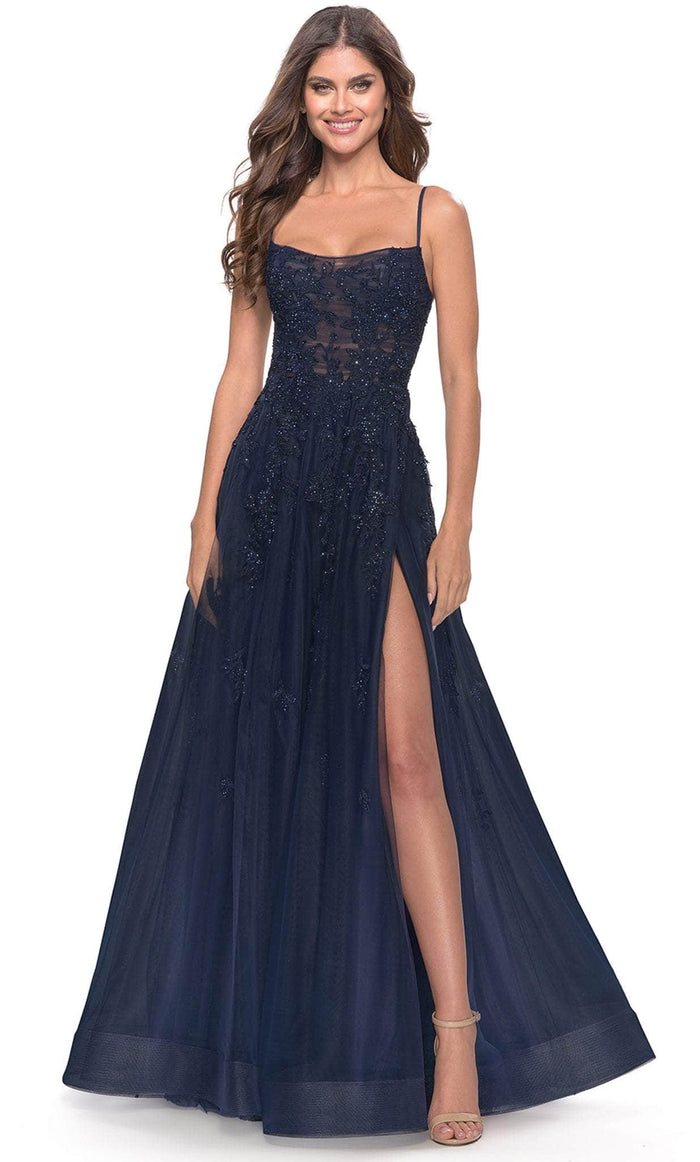 La Femme 31381 - Lace-Up Open Back Beaded Tulle Gown Special Occasion Dress 00 / Navy