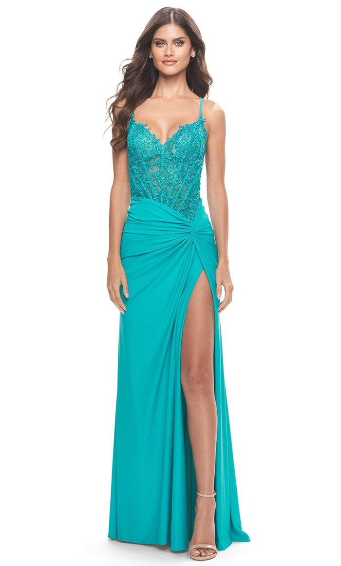 La Femme 31447 - Lace Applique Corset Bodice Prom Dress Special Occasion Dress 00 / Aqua