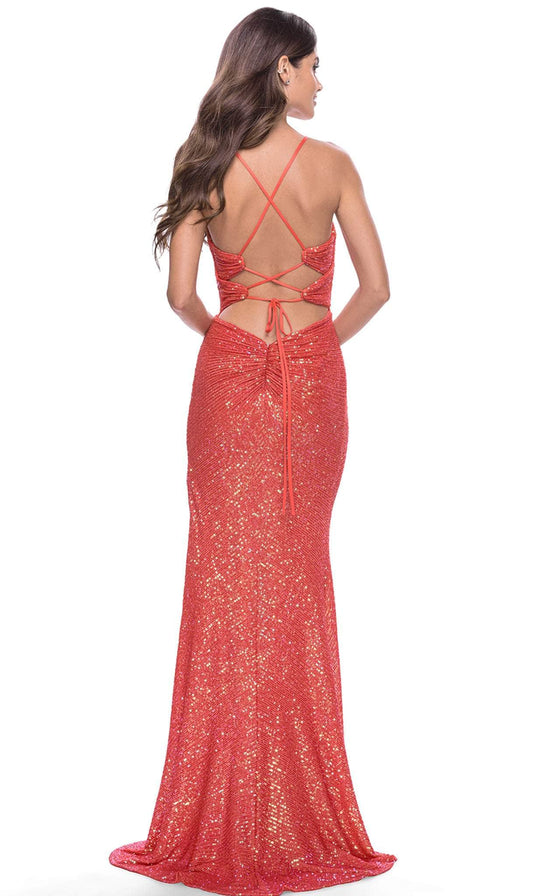 La Femme 31449 - V Neck Sequined Ruch Long Prom Gown