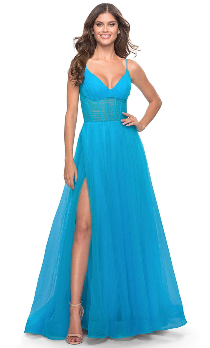 La Femme 31502 - V-Neck Sheer Corset Evening Dress Special Occasion Dress 00 / Aqua