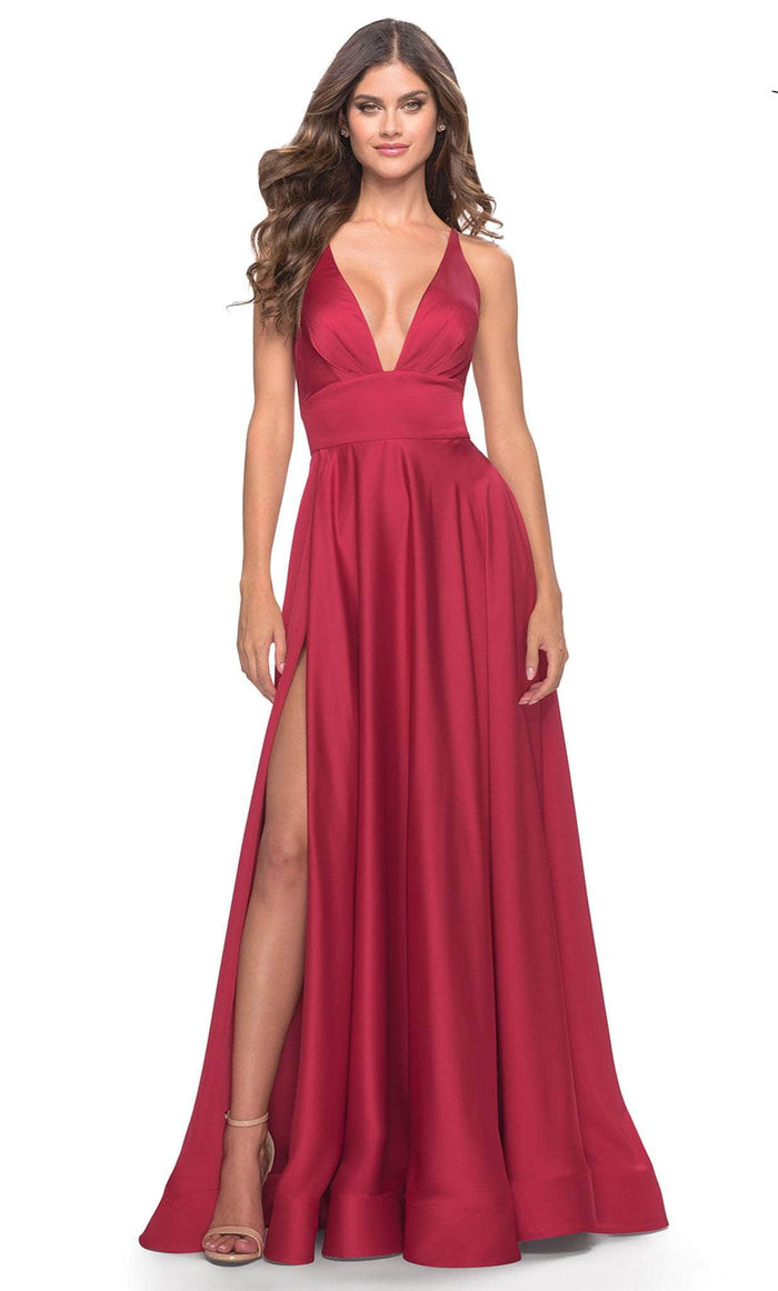 La Femme 31533 - V Neckline Wide Waistband Long Dress Special Occasion Dress 00 / Red