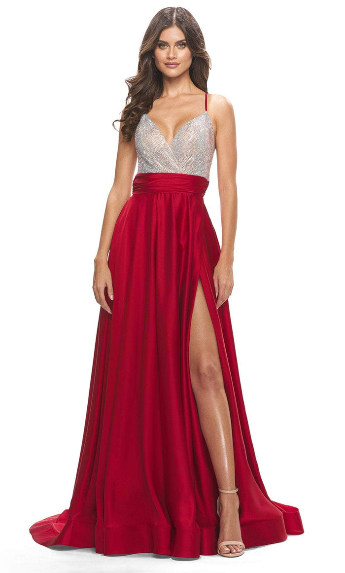 La Femme 31592 - Beaded Satin A-Line Prom Dress Special Occasion Dress 00 / Red