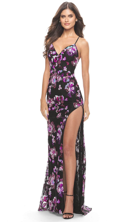 La Femme 31597 - Floral Sequined High Slit Gown