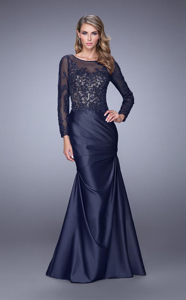 La Femme Appliqued Long Sleeve Pleated Trumpet Gown 21708 - 1 pc Pewter in Size 14 and 1 pc Navy In Size 18 Available CCSALE 8 / Navy