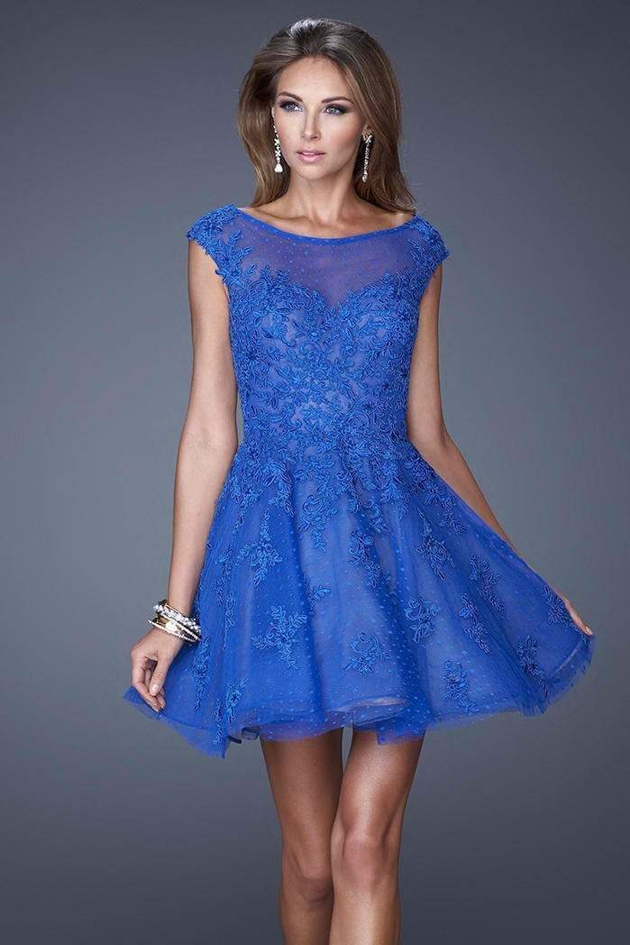 La Femme - Bateau Lace A-Line Cocktail Dress 20591 - 1 pc Electric Blue In Size 0 Available CCSALE 0 / Electric Blue