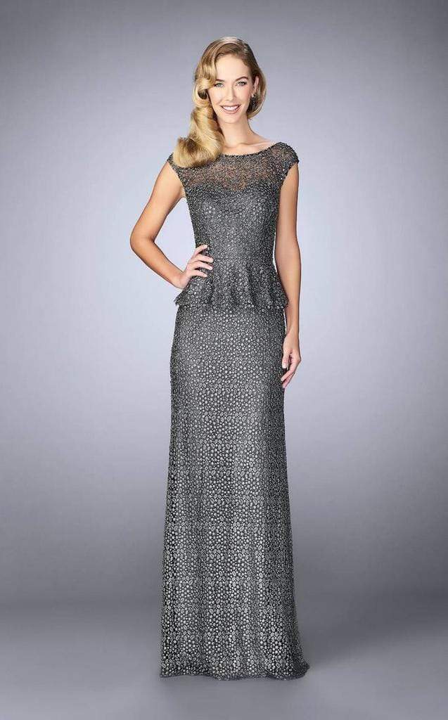 La Femme - Beaded Lace Cap Sleeve Peplum Evening Gown 24896 CCSALE 12 / Gunmetal