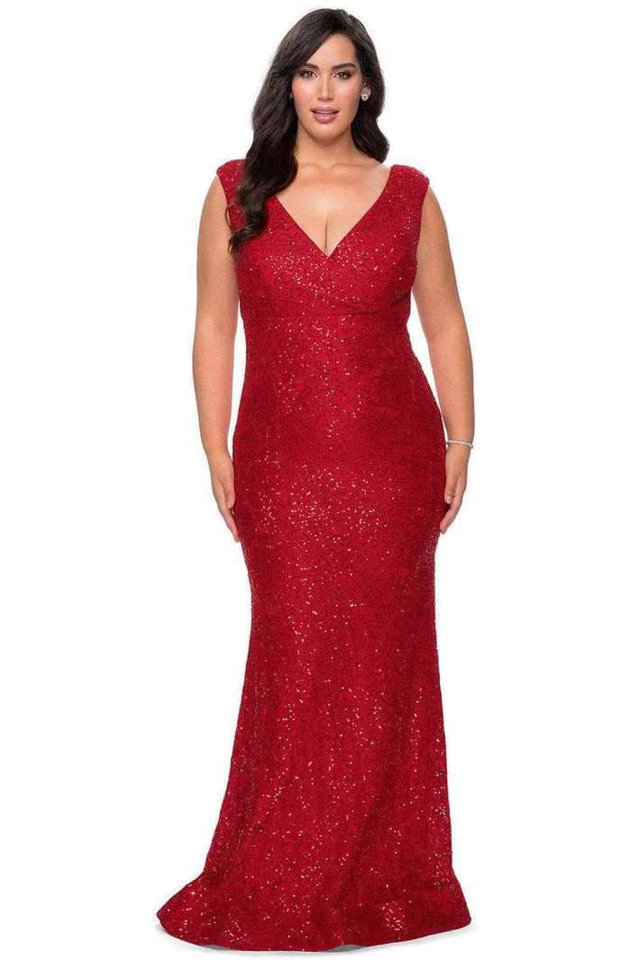 La Femme - Beaded Lace Evening Gown 28837SC - 1 pc Red In Size 12W Available CCSALE 12W / Red