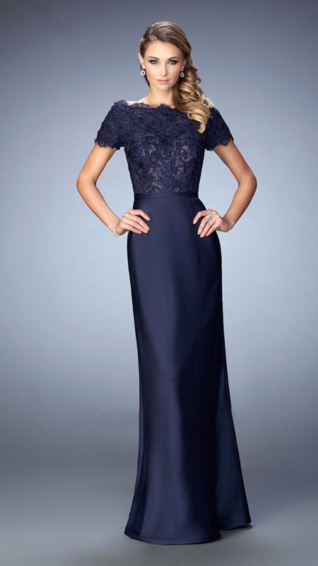 La Femme Beaded Lace Off-Shoulder Gown 21962SC - 1 pc Espresso in Size 10 Available CCSALE 6 / Dark Blue