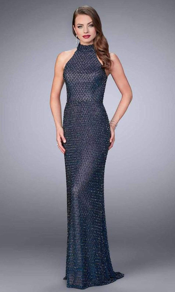 La Femme - Beaded Sleeveless Racerback Sheath Gown 24258SC - 1 pc Navy In Size 2 Available CCSALE 2 / Navy