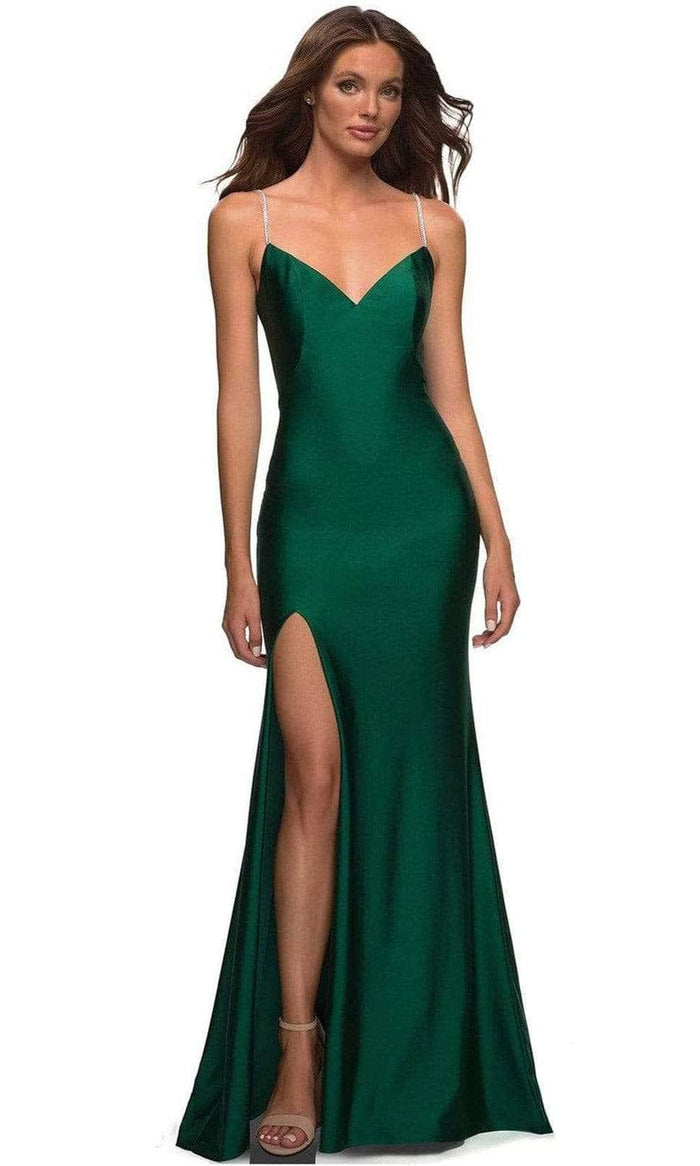 La Femme - Beaded Strap V-Neck Prom Gown 30435SC - 1 pc Emerald In Size 2 Available CCSALE 2 / Emerald