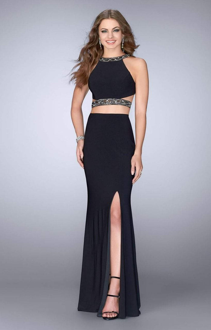 La Femme - Beaded Strappy Two-Piece Jersey High Slit Gown 24414SC - 1 pc Black In Size 4 Available CCSALE 4 / Black