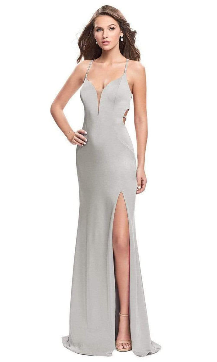 La Femme - Bejeweled Strappy Back High Slit Dress 25398SC - 1 pc Silver In Size 8 Available CCSALE 8 / Silver